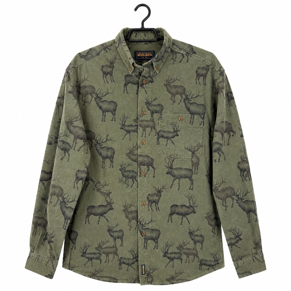 Woolrich Flannel Shirt Men's XL Elk Print Button Down Vintage Cotton Vtg Green